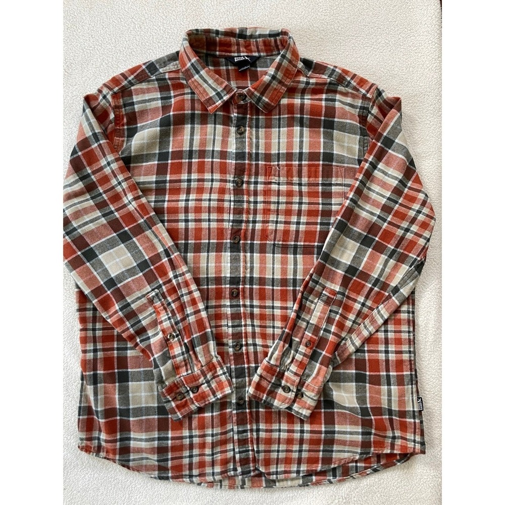 Eddie Bauer Mens XL Button Down Shirt Orange Plaid Long Sleeve Flannel Pocket